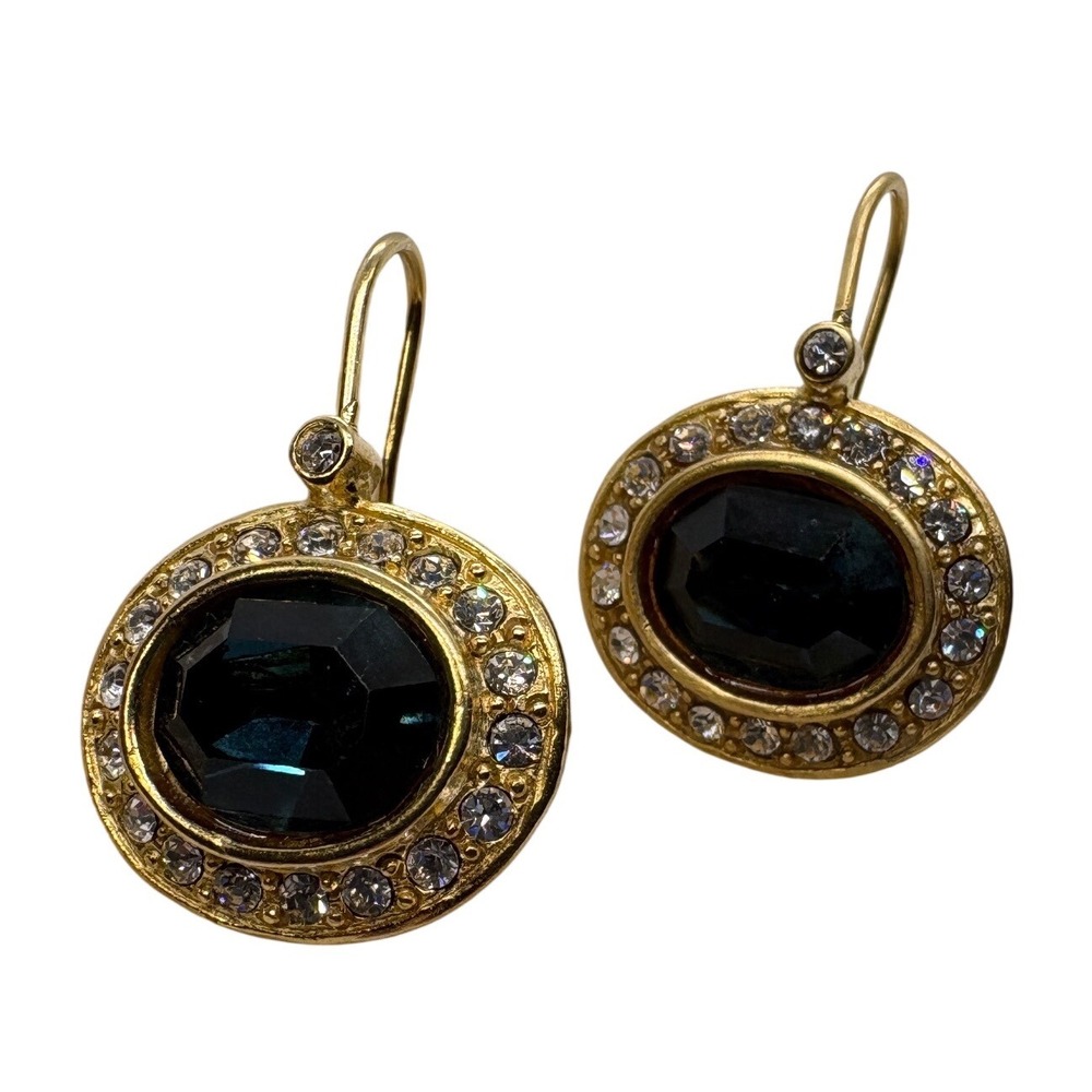 Vintage WIA Gold Tone Blue and Clear Rhinestone Oval Drop Earrings